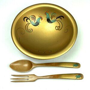 Vintage Wood Serving Bowl Utensils Footed Gold Rooster Hand Painted Rio Grande